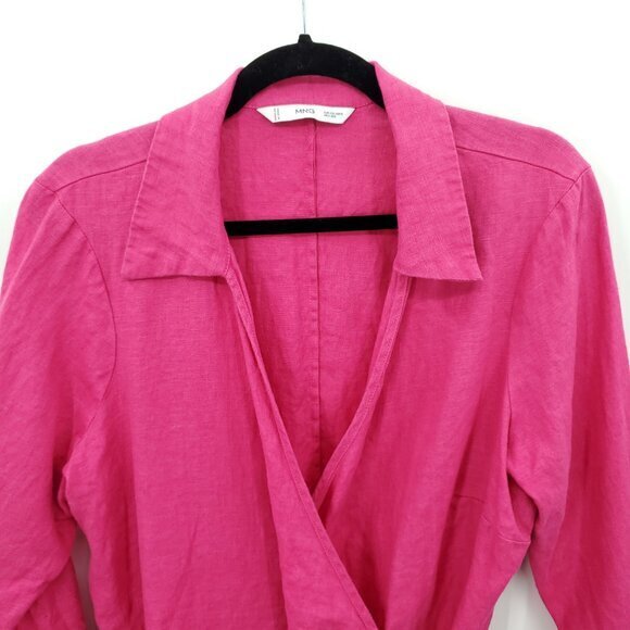 Mango 100% Linen Fuchsia/Barbie Pink Collared Wrap Dress 12 - Picture 6 of 16